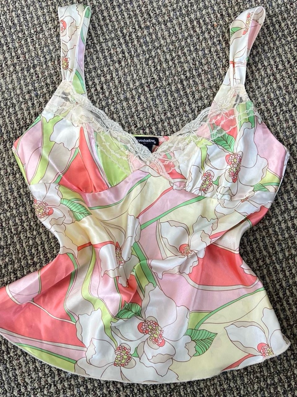 Y2K beaded lace Eyeshadow Floral Satin Cami Top in Pastel Multicolor